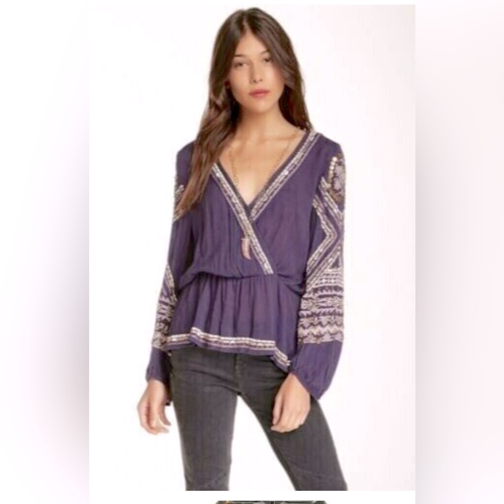 Free People Stitch Up Your Heart Purple Boho Embroidered Tunic Top. Size Large